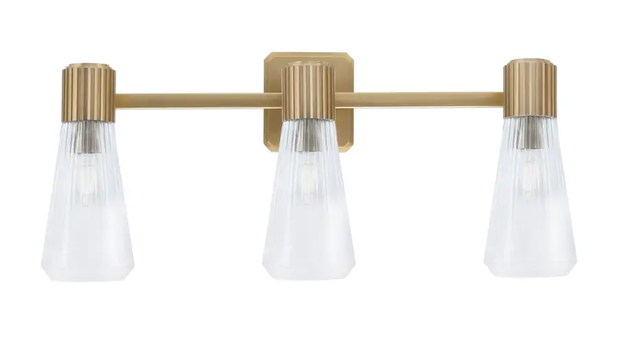 Everleigh 3 Light Bath Bar in New Age Brass with Clear Ribbed Glass - Image 1