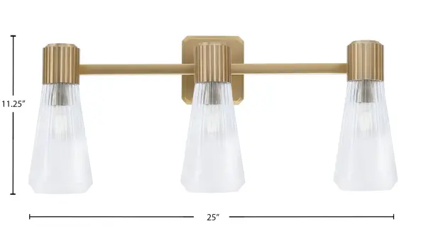 The Everleigh 3 Light Bath Bar combines sleek New Age Brass finish with textured ribbed glass shades for sophisticated bathroom lighting. Its 25-inch span provides even illumination perfect for vanity tasks. - alternate view