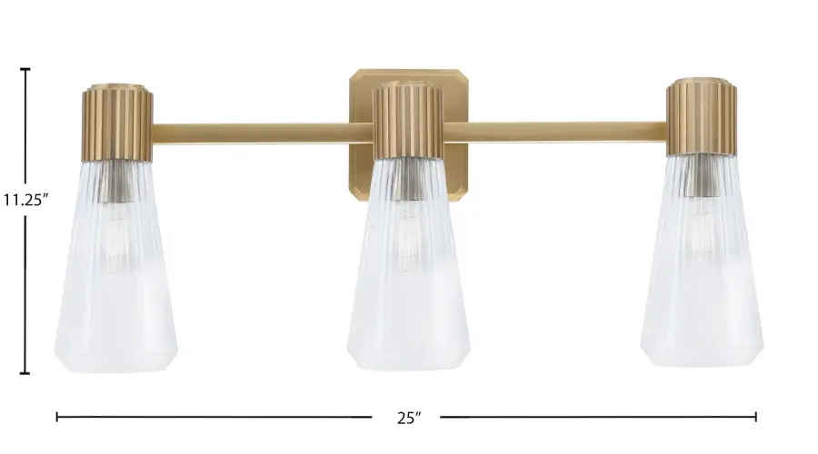 Everleigh 3 Light Bath Bar in New Age Brass with Clear Ribbed Glass - Image 2