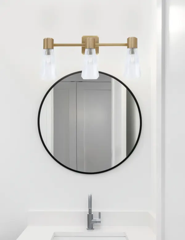 Everleigh 3 Light Bath Bar in New Age Brass with Clear Ribbed Glass - Image 3