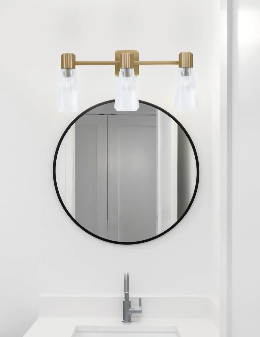 Everleigh 3 Light Bath Bar in New Age Brass with Clear Ribbed Glass - Image 3