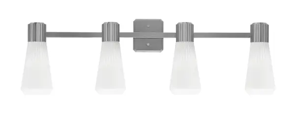 The Everleigh 4-Light Bath Bar combines sleek modern lines with timeless ribbed glass texture. Its 35.25-inch width makes it ideal for larger vanities and double sinks, while the graphite finish adds sophisticated depth.
