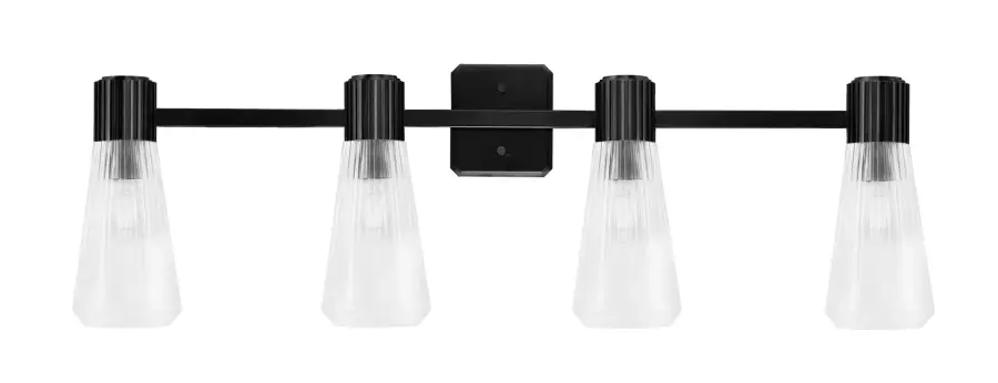 Everleigh 4-Light Bath Bar in Matte Black with Clear Ribbed Glass - Image 1