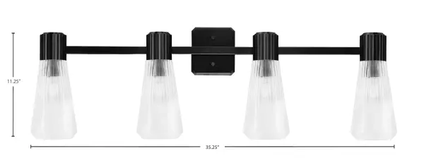 The Everleigh 4-Light Bath Bar combines contemporary style with functional design. Its matte black finish and clear ribbed glass shades create soft, filtered light perfect for bathrooms and powder rooms. - alternate view