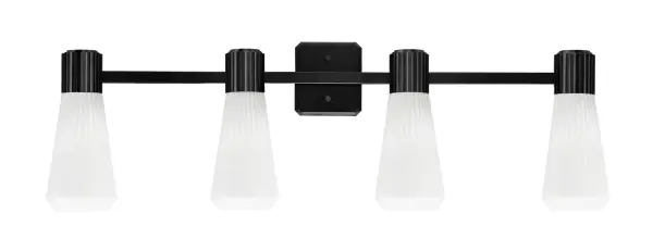 The Everleigh 4-Light Bath Bar combines clean modern lines with textured ribbed glass for a sophisticated bathroom lighting solution. Its matte black finish and diffused illumination create flattering, functional light.