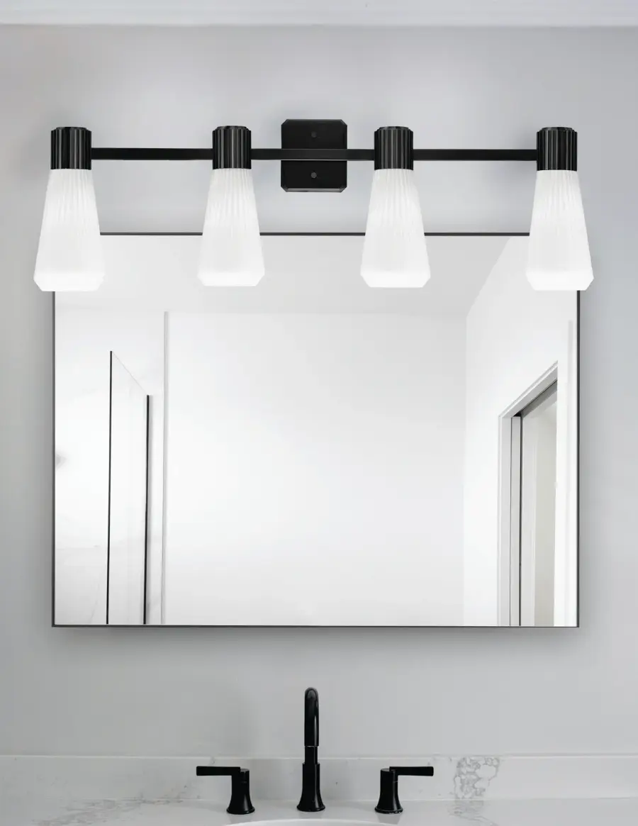 Everleigh 4-Light Bath Bar in Matte Black with White Opal Ribbed Glass - Image 3