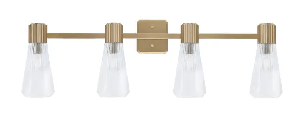 The Everleigh bath bar combines transitional elegance with practical illumination. Four ribbed glass shades diffuse light beautifully while the New Age Brass finish adds warmth. At 35.25" wide, it's ideal for double vanities.