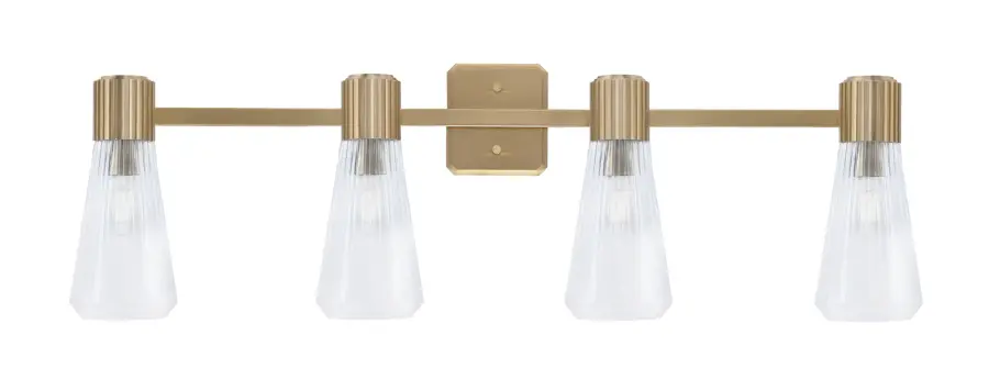 Everleigh 4-Light Bath Bar in New Age Brass with Clear Ribbed Glass - Image 1