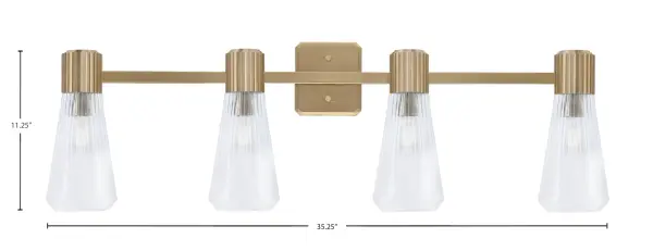 The Everleigh bath bar combines transitional elegance with practical illumination. Four ribbed glass shades diffuse light beautifully while the New Age Brass finish adds warmth. At 35.25" wide, it's ideal for double vanities. - alternate view