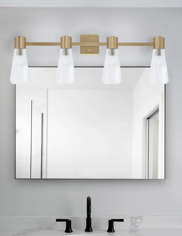 Everleigh 4-Light Bath Bar in New Age Brass with Clear Ribbed Glass - Image 3