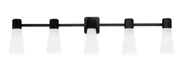 The Everleigh 5-Light Bath Bar combines sleek matte black styling with pristine white opal ribbed glass shades to deliver bright, even illumination. Its 46.5-inch span makes it ideal for double vanities and master bathrooms.