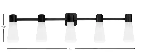 The Everleigh 5-Light Bath Bar combines sleek matte black styling with pristine white opal ribbed glass shades to deliver bright, even illumination. Its 46.5-inch span makes it ideal for double vanities and master bathrooms. - alternate view