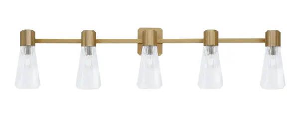 Everleigh 5 Light Bath Bar in New Age Brass with Clear Ribbed Glass - Image 1