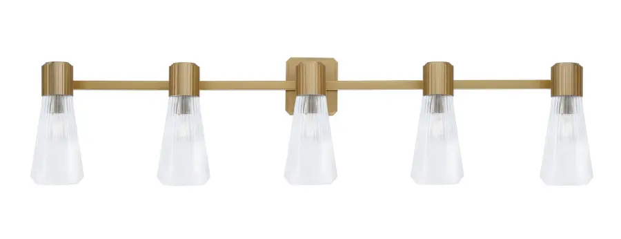 Everleigh 5 Light Bath Bar in New Age Brass with Clear Ribbed Glass - Image 1