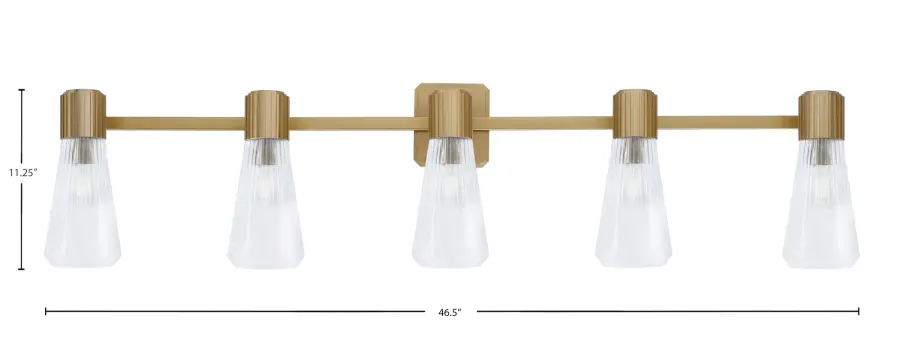Everleigh 5 Light Bath Bar in New Age Brass with Clear Ribbed Glass - Image 2