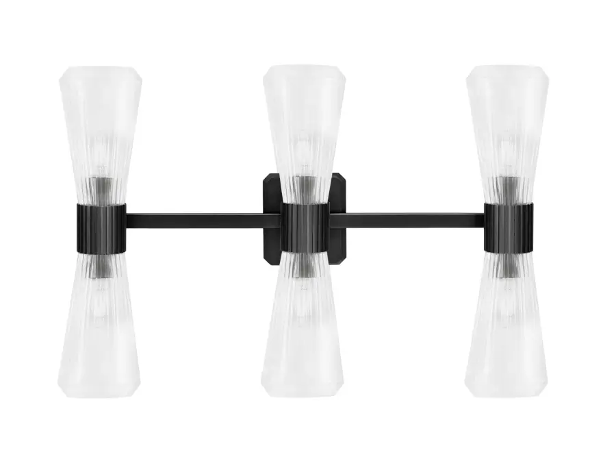 Everleigh 6 Light Bath Bar in Matte Black with Clear Ribbed Glass - Image 1