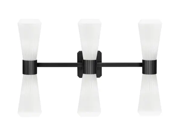 The Everleigh 6 Light Bath Bar combines modern matte black finish with vintage-inspired ribbed glass for a sophisticated bathroom lighting solution. Six opal glass shades provide excellent illumination while the clean lines and bold contrast create visual impact.