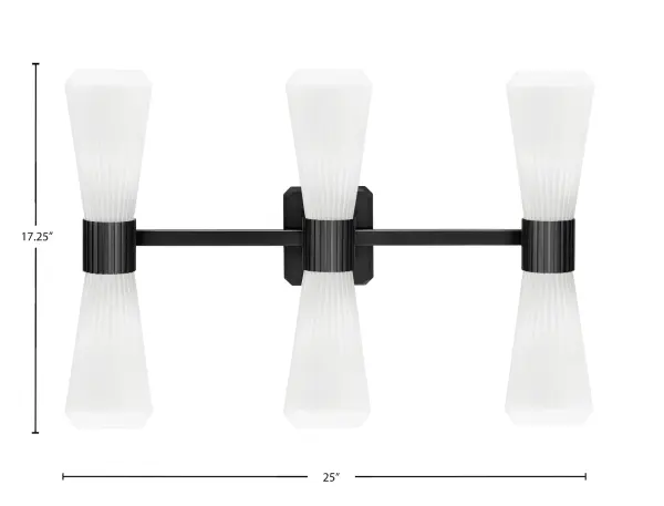 The Everleigh 6 Light Bath Bar combines modern matte black finish with vintage-inspired ribbed glass for a sophisticated bathroom lighting solution. Six opal glass shades provide excellent illumination while the clean lines and bold contrast create visual impact. - alternate view