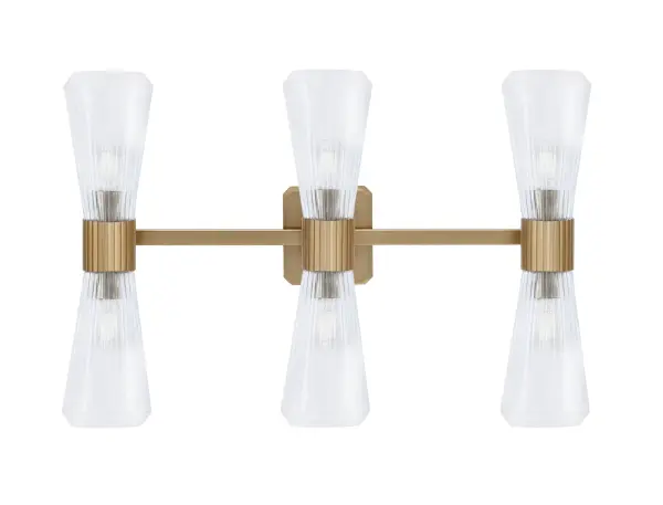Everleigh 6 Light Bath Bar in New Age Brass with Clear Ribbed Glass - Image 1