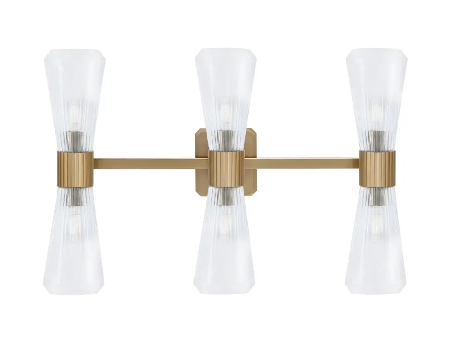 Everleigh 6 Light Bath Bar in New Age Brass with Clear Ribbed Glass - Image 1