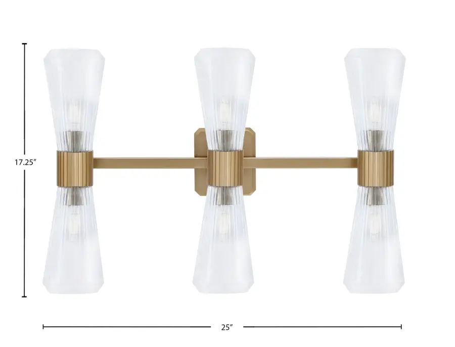 Everleigh 6 Light Bath Bar in New Age Brass with Clear Ribbed Glass - Image 2
