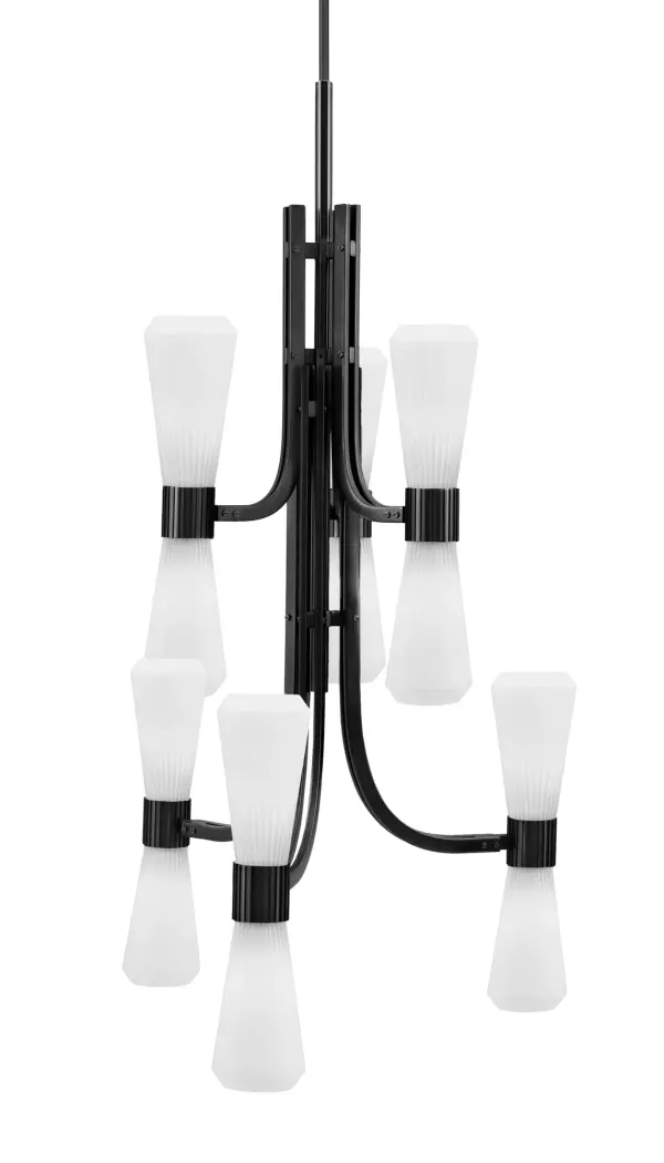 The Everleigh 12 Light Chandelier makes a dramatic statement with its sleek tiered design and matte black finish. Twelve arms topped with white opal ribbed glass shades create beautiful ambient lighting while the bold contrast delivers contemporary sophistication.