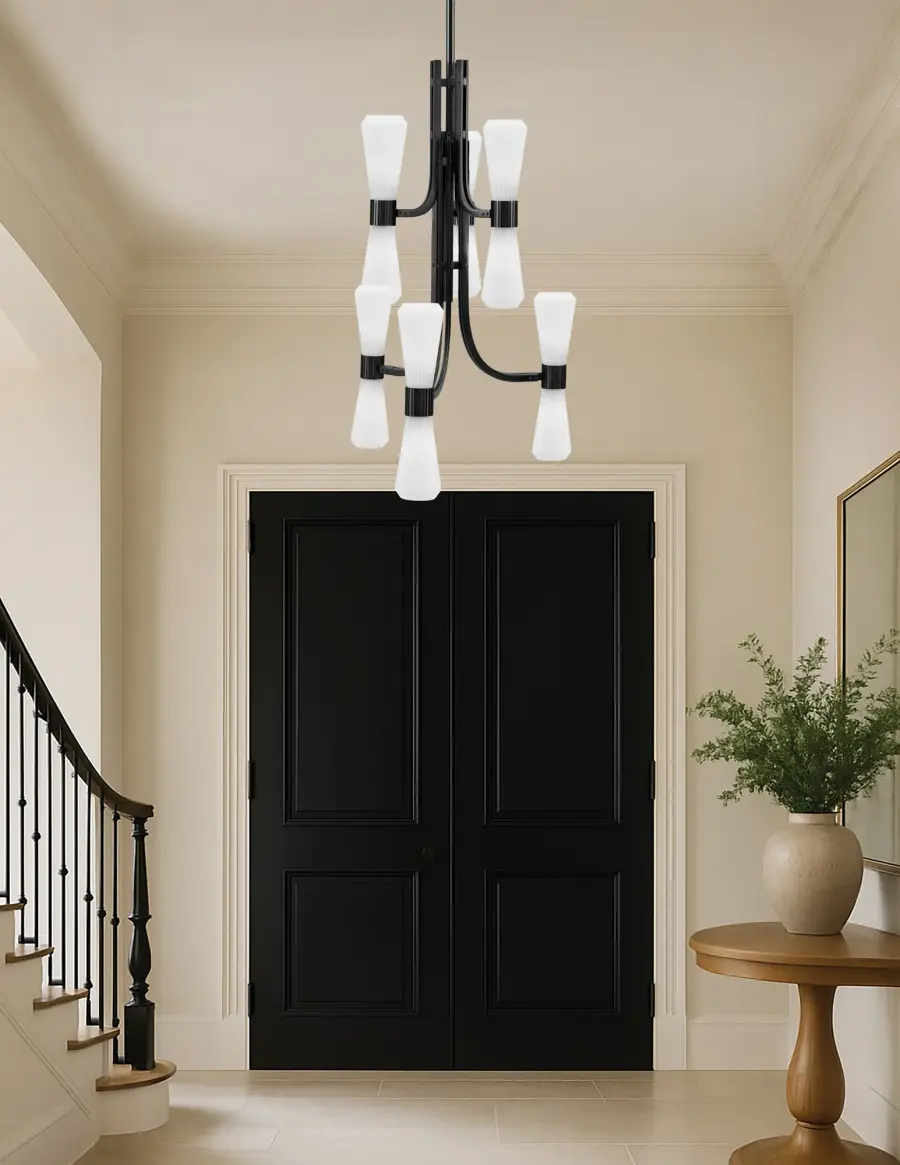 Everleigh 12 Light Chandelier in Matte Black with White Opal Glass - Image 3