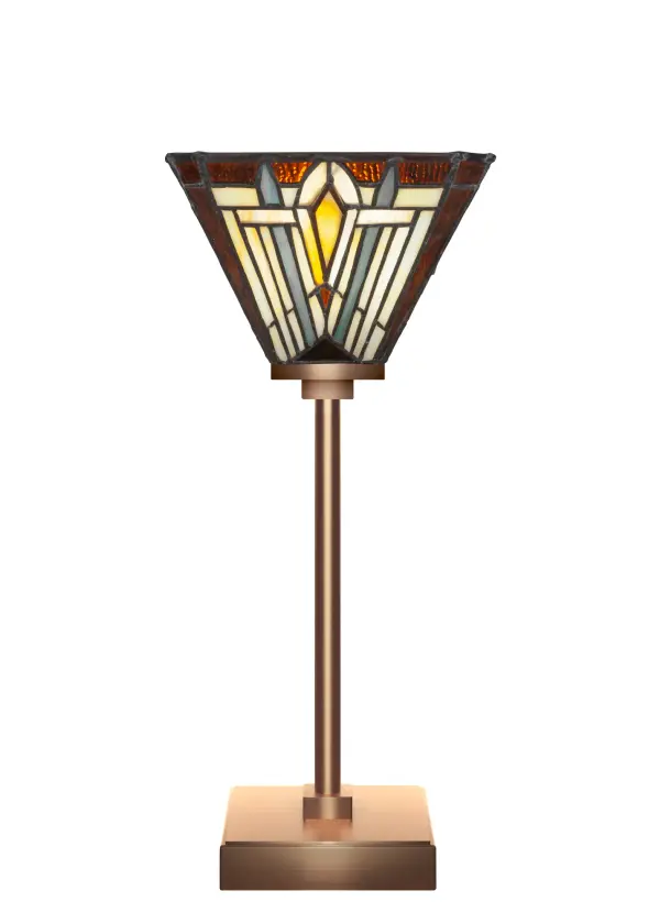 The Luna Accent Lamp combines contemporary styling with artisanal craftsmanship. Its New Age Brass finish and 7" square Tahoe art glass shade create a captivating focal point while providing soft ambient lighting for any space.