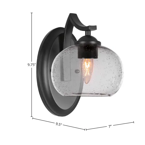 The Zilo Wall Sconce combines sleek matte black finish with charming clear bubble glass, creating beautiful light play. Its compact 7-inch size and up/down mounting flexibility make it versatile for various spaces. - alternate view