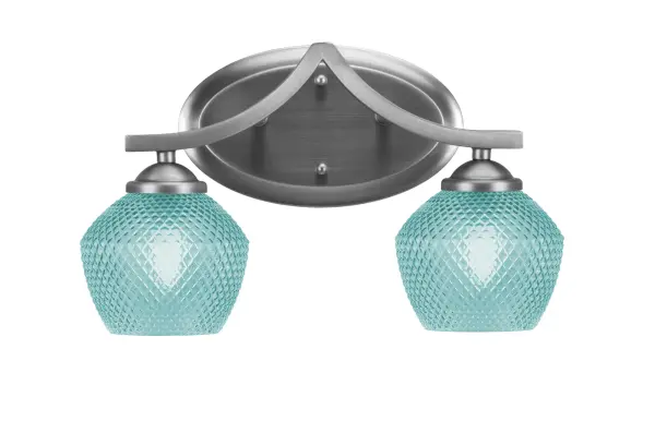 The Zilo 2 Light Bath Bar brings a bold pop of color to bathroom lighting with handcrafted turquoise textured glass shades and a sleek graphite finish. Perfect for adding personality to modern and coastal-inspired spaces.