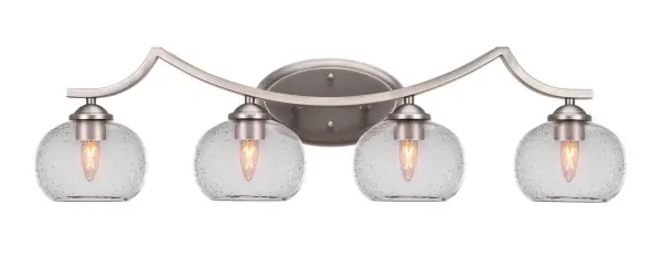 The Zilo 4 Light Bath Bar combines contemporary style with industrial charm through its graphite finish and unique clear bubble glass shades. With flexible up or down mounting and dimmable capability, it delivers both aesthetic appeal and functional lighting for modern bathrooms.