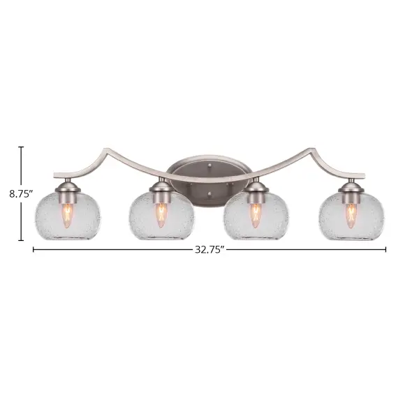 The Zilo 4 Light Bath Bar combines contemporary style with industrial charm through its graphite finish and unique clear bubble glass shades. With flexible up or down mounting and dimmable capability, it delivers both aesthetic appeal and functional lighting for modern bathrooms. - alternate view