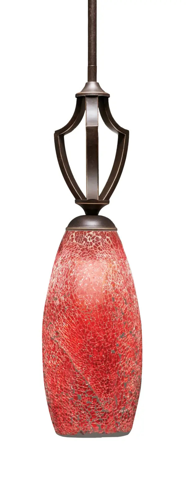 The Zilo Mini Pendant combines bold red fusion glass with a sophisticated dark granite finish, creating a striking focal point. Its compact 5.5" diameter and extensive height adjustability make it ideal for various spaces.