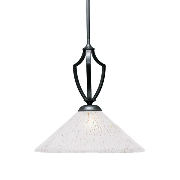 The Zilo pendant combines sleek matte black finish with a stunning 16" frosted crystal glass shade, creating soft, inviting illumination. Highly adjustable with multiple stem sections and chain, it adapts to various ceiling heights and works on sloped ceilings.