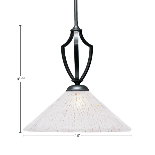 The Zilo pendant combines sleek matte black finish with a stunning 16" frosted crystal glass shade, creating soft, inviting illumination. Highly adjustable with multiple stem sections and chain, it adapts to various ceiling heights and works on sloped ceilings. - alternate view