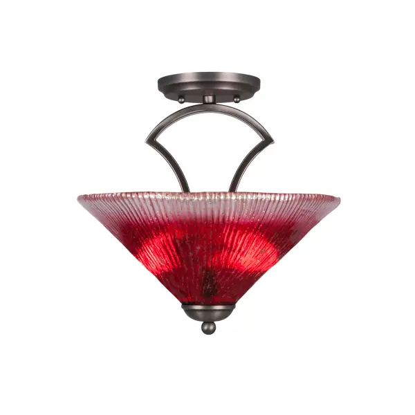 The Zilo semi-flush combines a sophisticated graphite finish with vibrant raspberry crystal glass, creating a glamorous focal point. Compact 12-inch design provides ample lighting for smaller spaces while adding contemporary elegance.