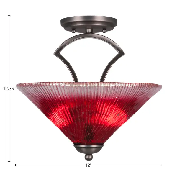 The Zilo semi-flush combines a sophisticated graphite finish with vibrant raspberry crystal glass, creating a glamorous focal point. Compact 12-inch design provides ample lighting for smaller spaces while adding contemporary elegance. - alternate view