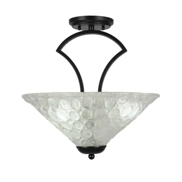 The Zilo Semi-Flush combines a sleek matte black finish with unique 16-inch Italian bubble glass, creating warm ambient lighting with artistic flair. Its compact 15.75-inch height makes it ideal for standard ceilings.