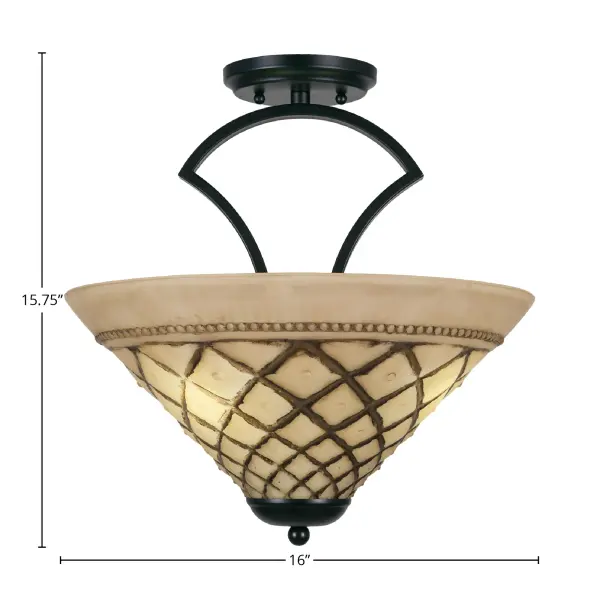 The Zilo Semi-Flush combines contemporary matte black styling with a unique chocolate icing glass shade that creates warm, diffused lighting. Compact at 16 inches wide, it's ideal for smaller spaces needing modern sophistication. - alternate view