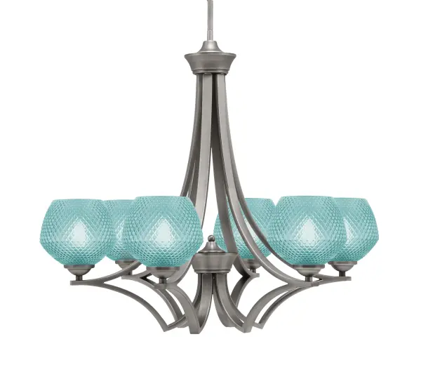 The Zilo 6-Light Chandelier makes a striking statement with its sleek graphite finish and vivid turquoise textured glass shades. Perfect for adding personality and contemporary flair to dining rooms or living spaces.