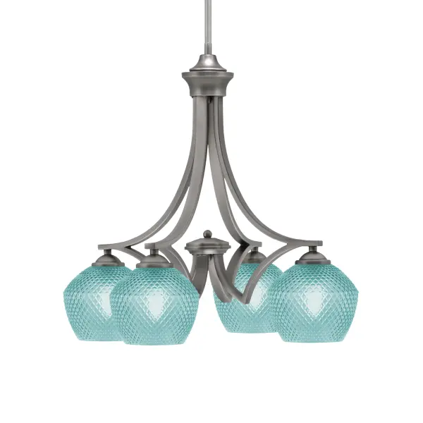 The Zilo chandelier brings oceanic energy to contemporary spaces with its striking turquoise textured glass shades and deep graphite finish. Perfect for adding a pop of color while maintaining modern sophistication.