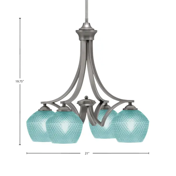 The Zilo chandelier brings oceanic energy to contemporary spaces with its striking turquoise textured glass shades and deep graphite finish. Perfect for adding a pop of color while maintaining modern sophistication. - alternate view