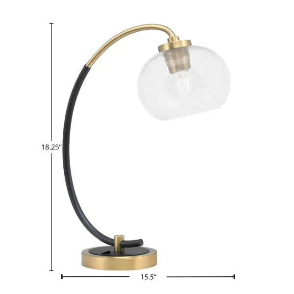 This contemporary desk lamp combines a sleek matte black base with new age brass accents and a unique 7" clear bubble glass shade. Perfect for task lighting in home offices or bedrooms, it provides soft, even illumination while adding a stylish focal point to any workspace. - alternate view