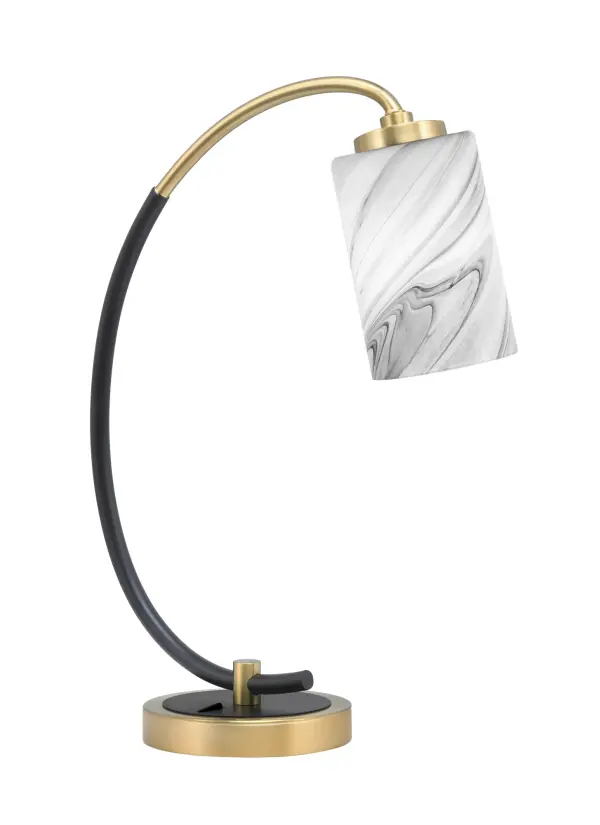 This contemporary desk lamp combines a sleek matte black base with luxurious brass accents and a unique 4-inch onyx swirl glass shade. Perfect for home offices and study areas, it provides focused task lighting with style.