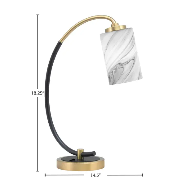 This contemporary desk lamp combines a sleek matte black base with luxurious brass accents and a unique 4-inch onyx swirl glass shade. Perfect for home offices and study areas, it provides focused task lighting with style. - alternate view