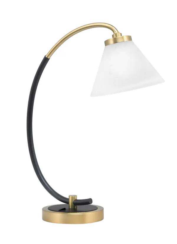 This contemporary desk lamp combines matte black and brass accents with a soft white muslin glass shade, delivering both functional task lighting and elegant design for modern workspaces and reading areas.