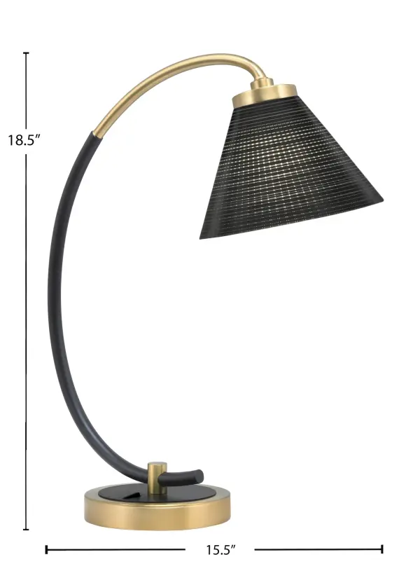 This contemporary desk lamp combines matte black and brass finishes for a sophisticated look. The 7-inch black matrix glass shade creates dramatic lighting effects while the compact 15.75" footprint fits most workspaces perfectly. - alternate view