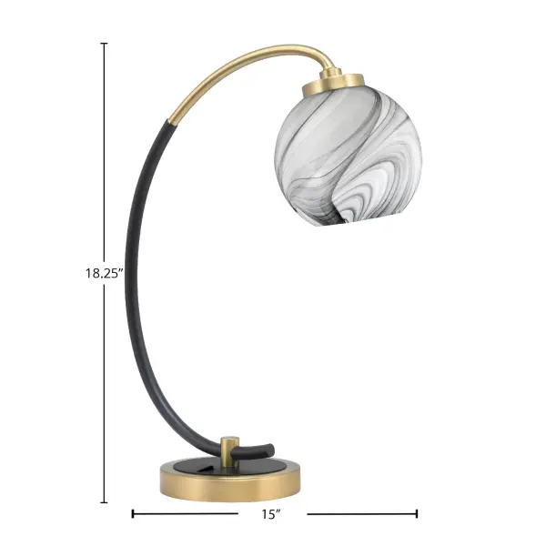 This sophisticated desk lamp combines a striking matte black and brass finish with a unique onyx swirl glass shade. Perfect for home offices and bedrooms, it delivers both ambient and task lighting with style. - alternate view