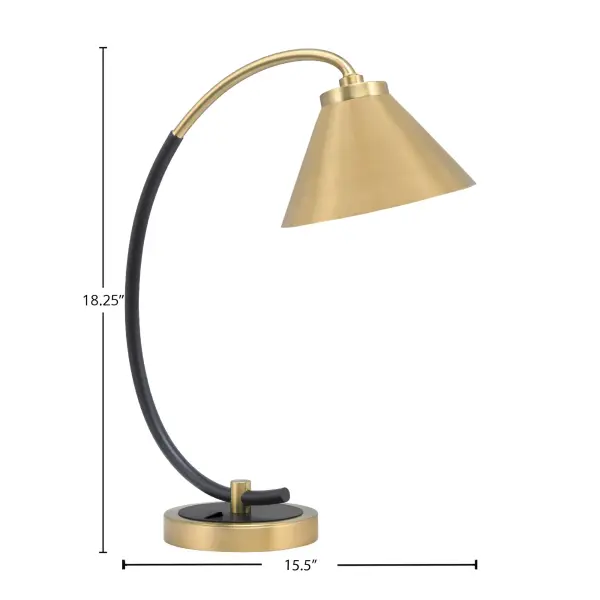 This contemporary desk lamp combines matte black and new age brass finishes for a sophisticated industrial aesthetic. The 7-inch cone metal shade directs focused task lighting, while the compact 5.75-inch base fits easily on desks and tables. Features convenient on-base rocker switch and 6-foot cord for flexible placement. - alternate view