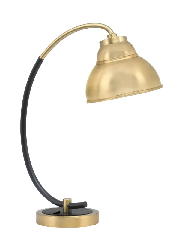 This contemporary desk lamp features a striking matte black base paired with a unique 7-inch New Age Brass double bubble metal shade. The two-tone finish adds visual interest while the compact footprint makes it ideal for modern workspaces.
